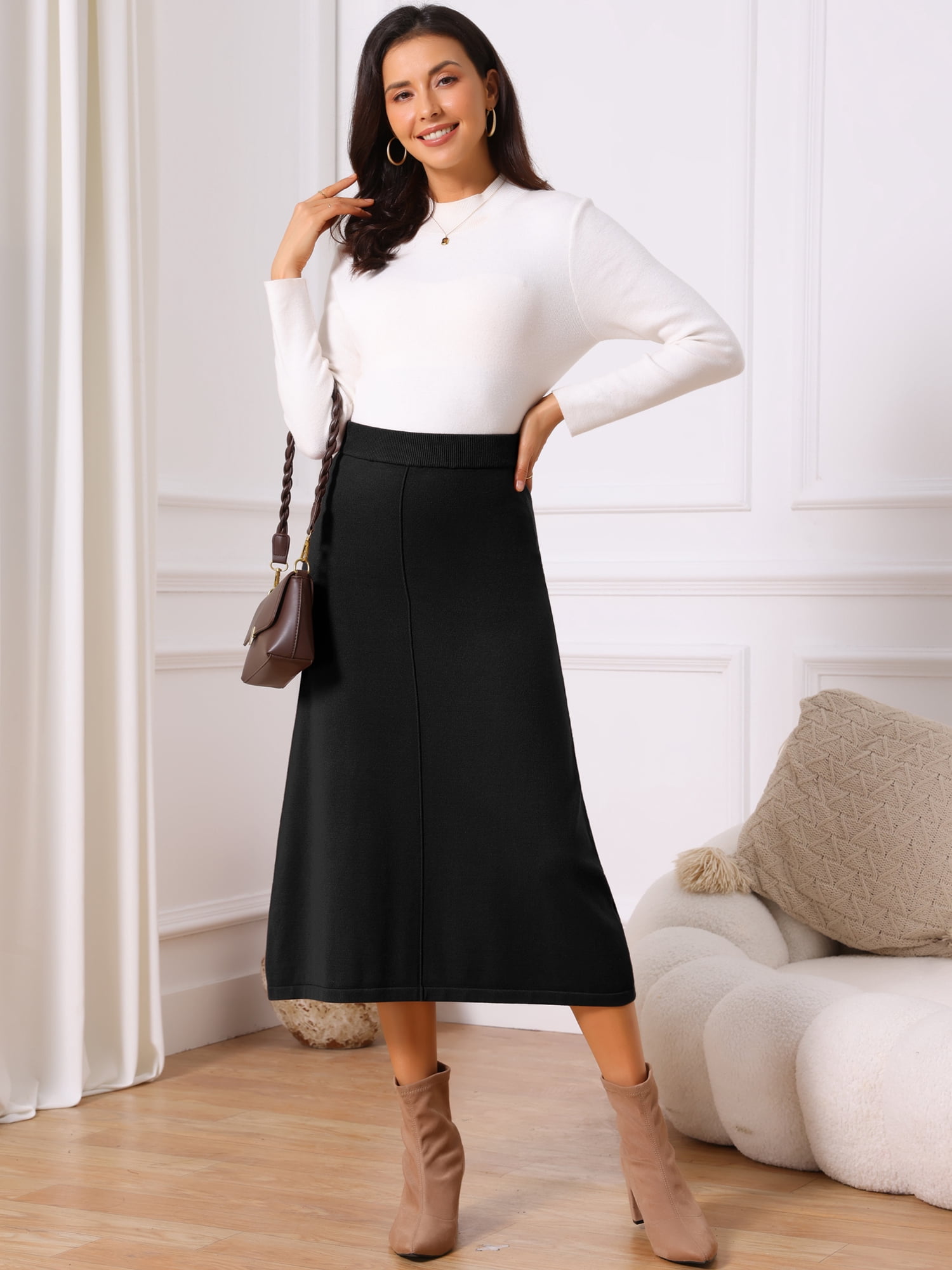 DARING DIVA Women's Sweater A Line Elastic High Waist Stretchy Midi Skirt M Black