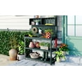 thumbnail image 2 of 65" Large Wooden Farmhouse Rustic Outdoor Potting Bench Table, Patio Workstation, Garden Potting Bench with 4 Storage Shelves and Side Hook, Forest Green, 2 of 18
