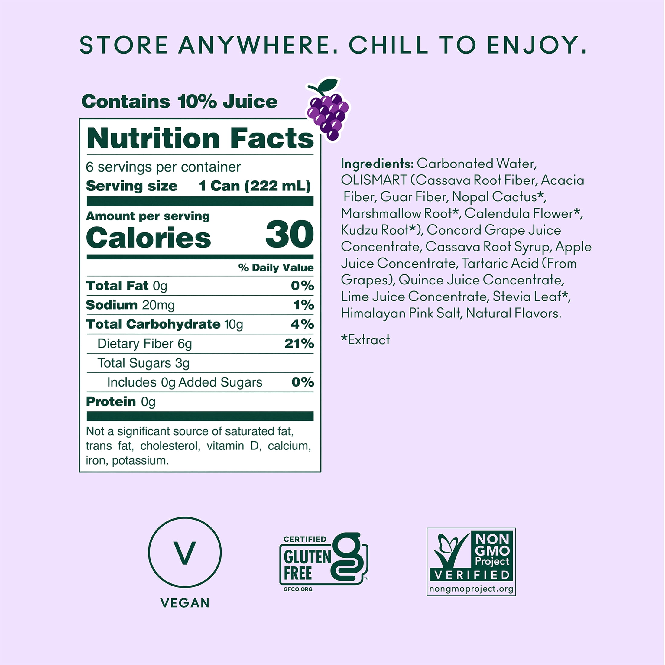 Olipop Minis Prebiotic Soda Pop, Classic Grape, High Fiber, 7.5 fl oz 6 Pack