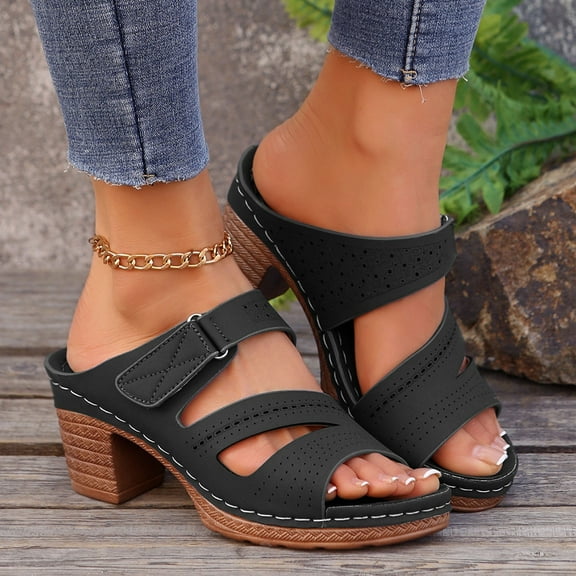 Aueoeo Slip On Wedge Sandals for Women Open Toe Mid Block Heel Platformed Dressy High Heel Beach Summer Sandals Comfortable Wedges Shoe Mules