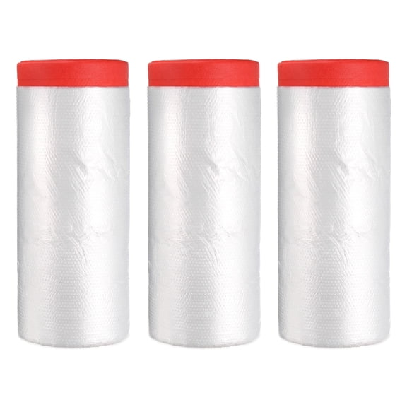 Pre-Taped Masking Film, 3.6ft x 66ft High-Tack Painters Tape Plastic Drop Cloth with High-Tack Painters Tape for Painting Protection Red 3Pcs