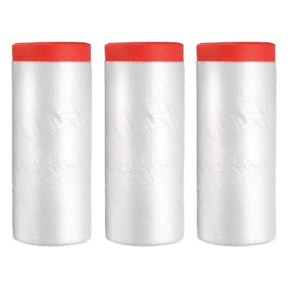 Pre-Taped Masking Film, 3.6ft x 66ft High-Tack Painters Tape Plastic Drop Cloth with High-Tack Painters Tape for Painting Protection Red 3Pcs