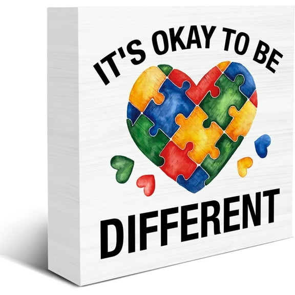 Cskhip Autism Awareness Sign Rustic It's Okay to Be Different Wood Block Sign Decoration for Home Office Classroom Nursery Shelf Desk 7x7 Inch