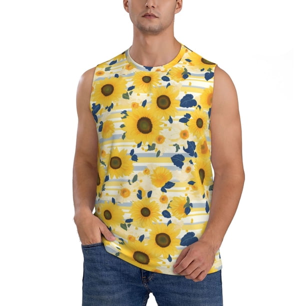 Fotbe Navy Blue Leaf Sunflower Men's Camiseta sin Mangas Estampada para Hombres, Playera Casual para Gimnasio, Entrenamiento, Playa-Large