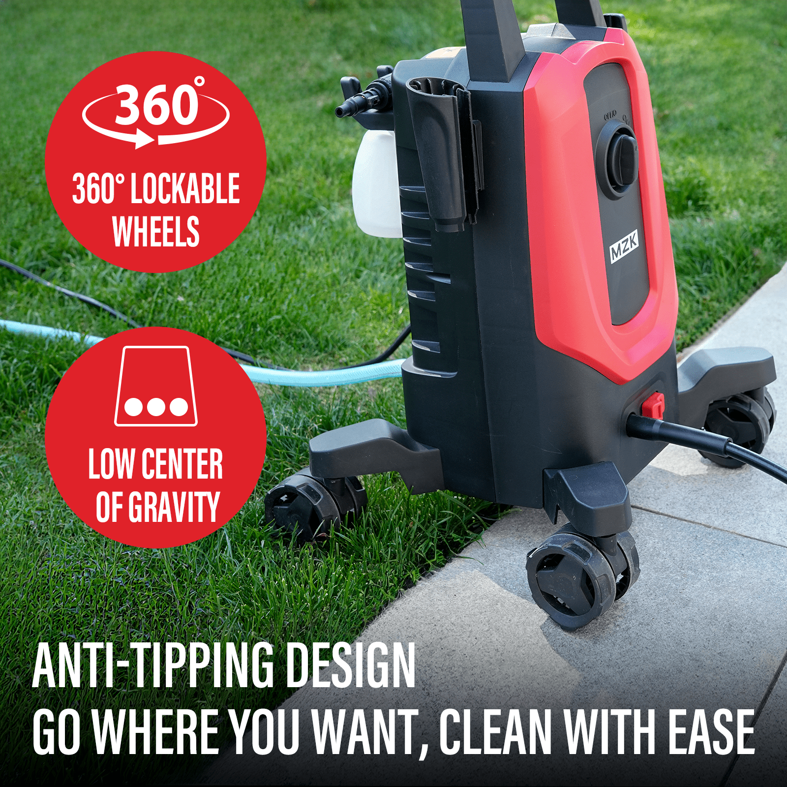 MZK Electric Pressure Washer, 3.0GPM Power Washer with 360° Lockable Wheels and 4 Quick-Connect Nozzles, Foam Cannon for Easy Replacement, High-Pressure Cleaning of Cars, Fences, Driveways, Patios