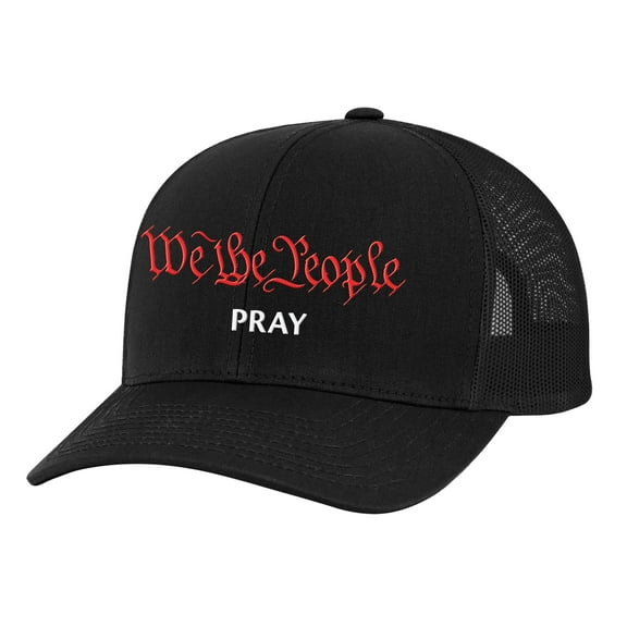 Men's We The People Pray Patriotic Christian Embroidered Mesh Back Trucker Hat, Black/Black