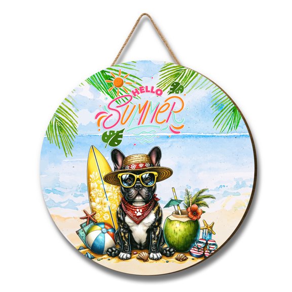 French Bulldog Hello Summer with Sunglasses and Surfboard Tropical Vibes Round Wood Sign Dog Lover Gifts Hanging Wall Home Decor - 00007