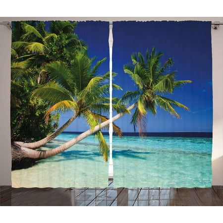 Bench Window Tropical Curtains 2 Panels Set, Exotic Maldives Beach with Palms Paradise Coast Vacation Scenery, Window Drapes for Living Room Bedroom, 108W X 90L Inches, Blue Turquoise Fern Green, by Ambesonne ()