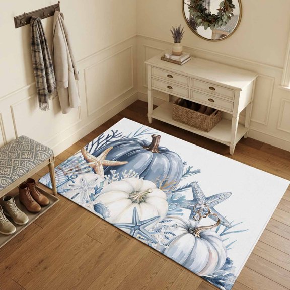 Coastal Fall Area Rugs 4'x6', Washable Small Throw Rugs for Office Bathroom, Thanksgiving Blue Pumpkins Starfish Coral Indoor Outdoor Rug Non-Slip Low Pile Carpet Runner Reversible Floor Mats