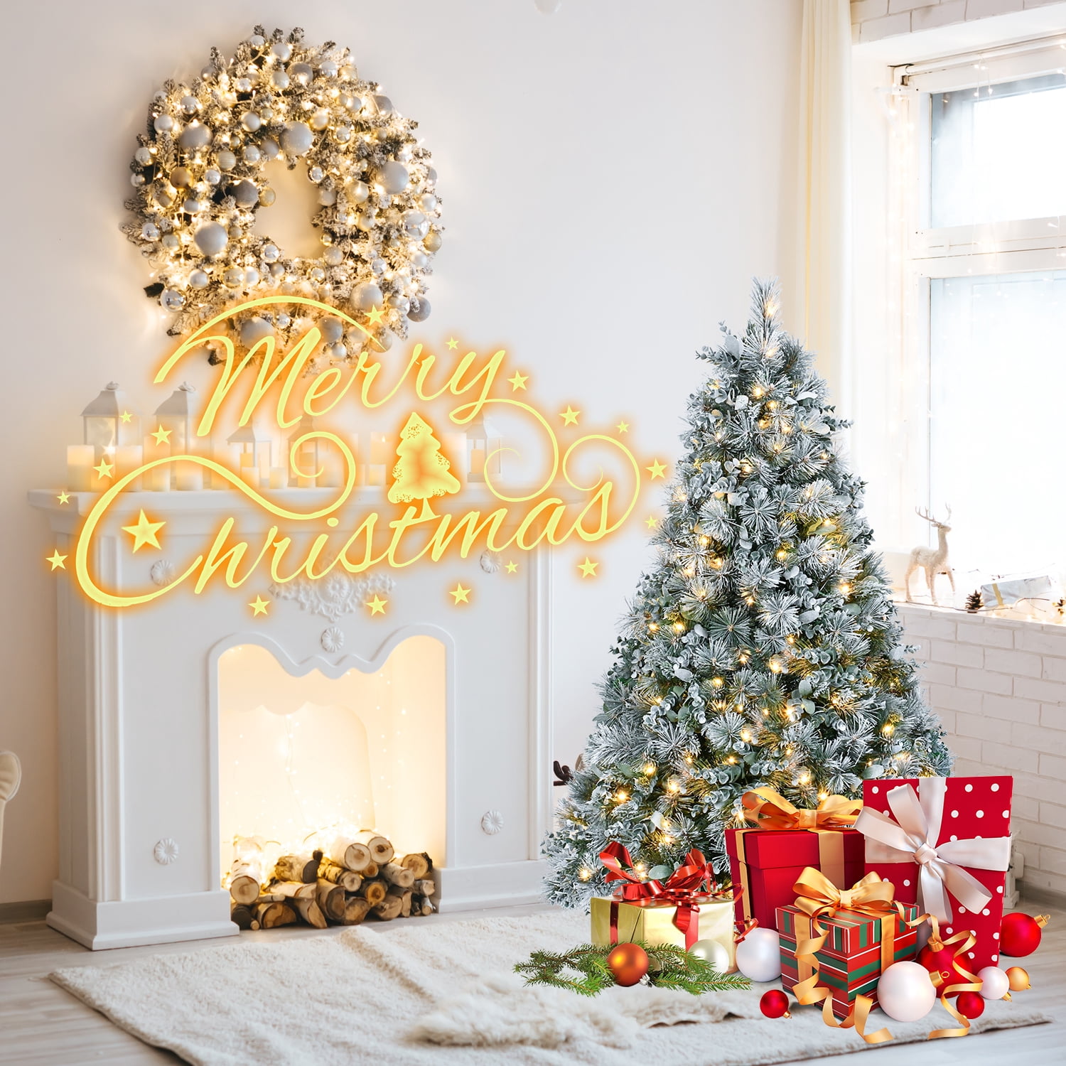4ft Prelit Flocked Christmas Tree with Eucalyptus Leaves 404 Tips 150 LED Lights Metal Stand Indoor Decor