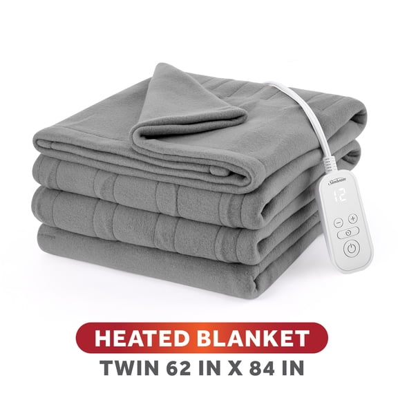 Sunbeam Heated Electric Brushed Fleece Bed Blanket, Gray, Twin Size, 12 Heat Settings, 62 x 84 in