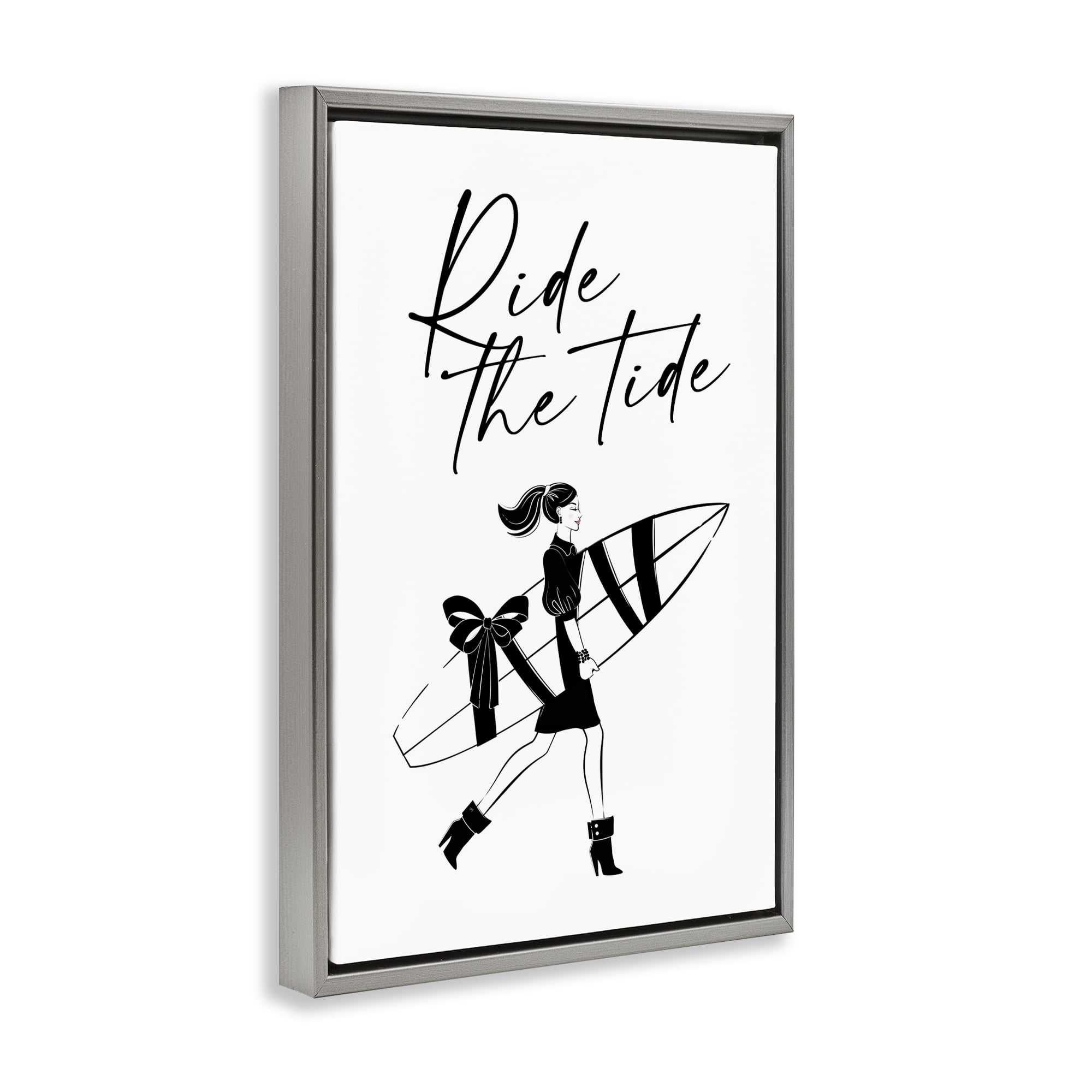 Stupell Industries Ride The Tide Surfer Novelty Painting Gray Floater Framed Art Print Wall Art, 17 x 25