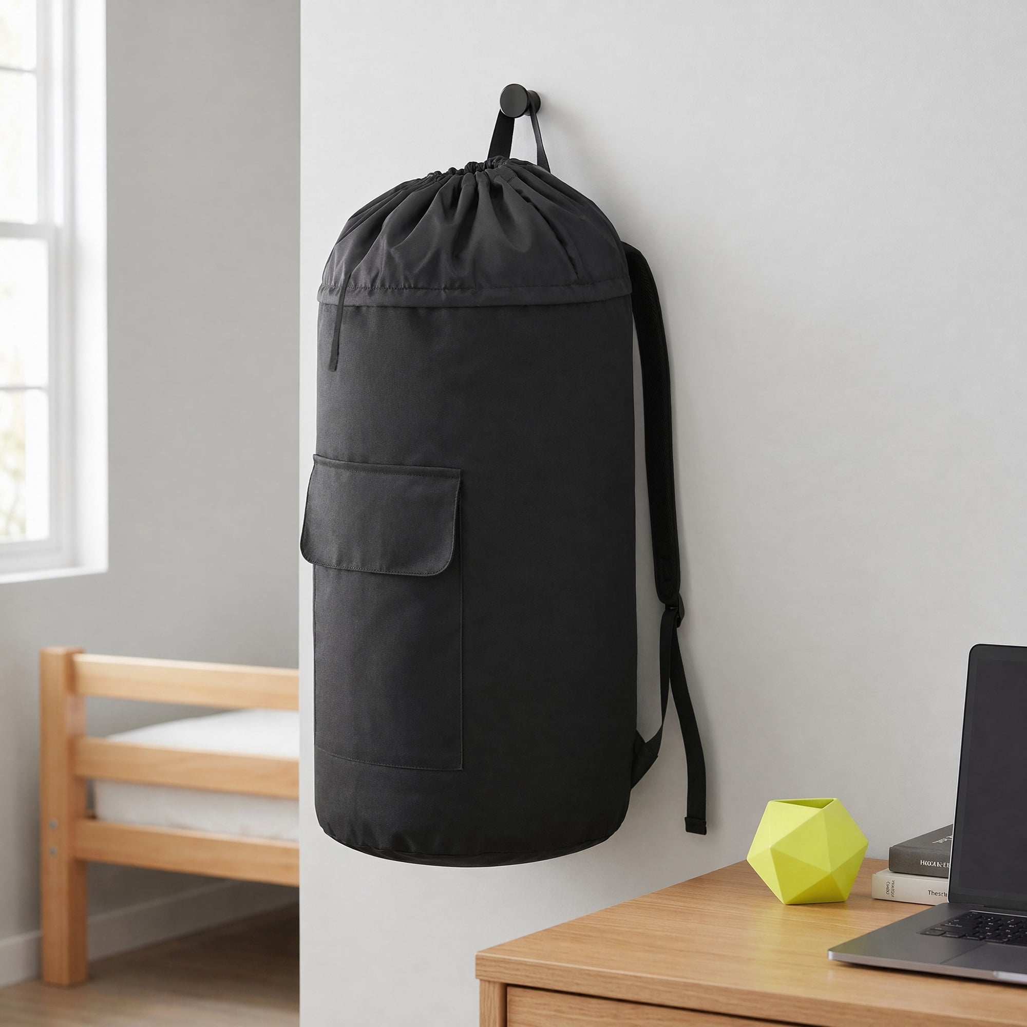Unique Bargains Laundry Backpack Large Dirty Clothes Hamper Bag with Pocket Black 15"x28"