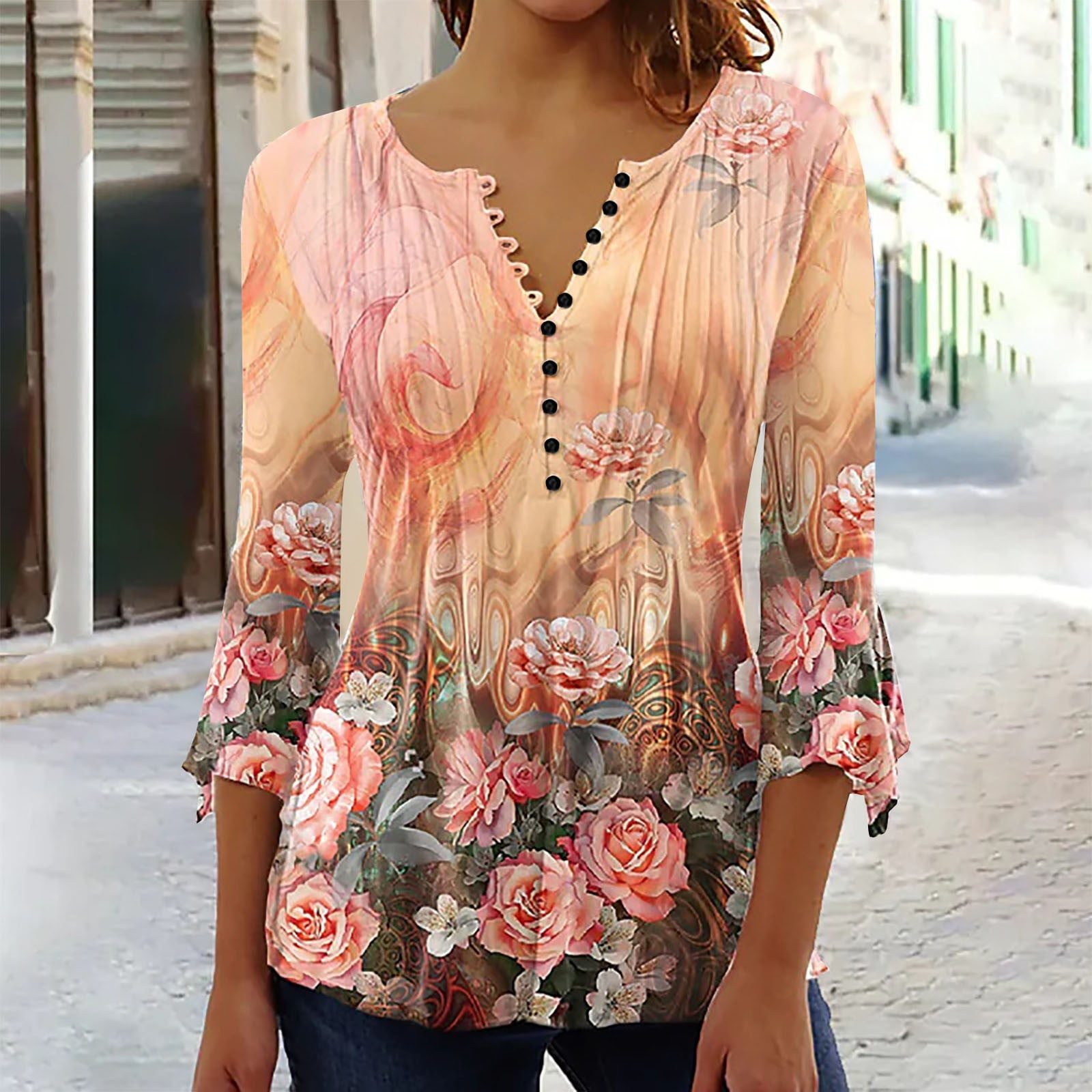  Blouses for Women Casual Women's 3/4 Sleeve Tops Slim Fit Cute  Floral Tees Shirts Summer Beach Blouses Basic V-Neck T Shirts Pleated Tops  : Deportes y Actividades al Aire Libre