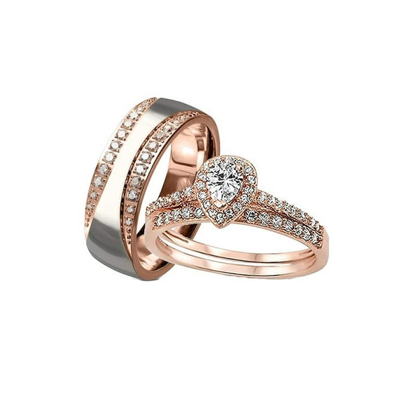 His Hers Wedding Ring Set 3 Piece Rose Gold Halo Cz Wedding Ring Set
