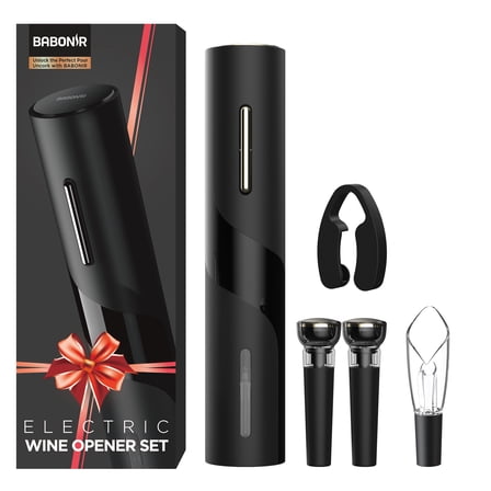 Electric Wine Opener Set - Automatic Electronic Bottle Openers with Greeting Card, Vacuum Stoppers, Wine Aerator, and Foil Cutter, Ideal Present for Wine Lovers, Party, and Home Entertaining
