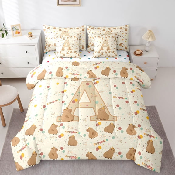 Manfei Cute Monogram A 7-Piece Twin Bedding,Lovely Capybara Print Bedding Comforter Set,Yellow,Polkadot Reversible