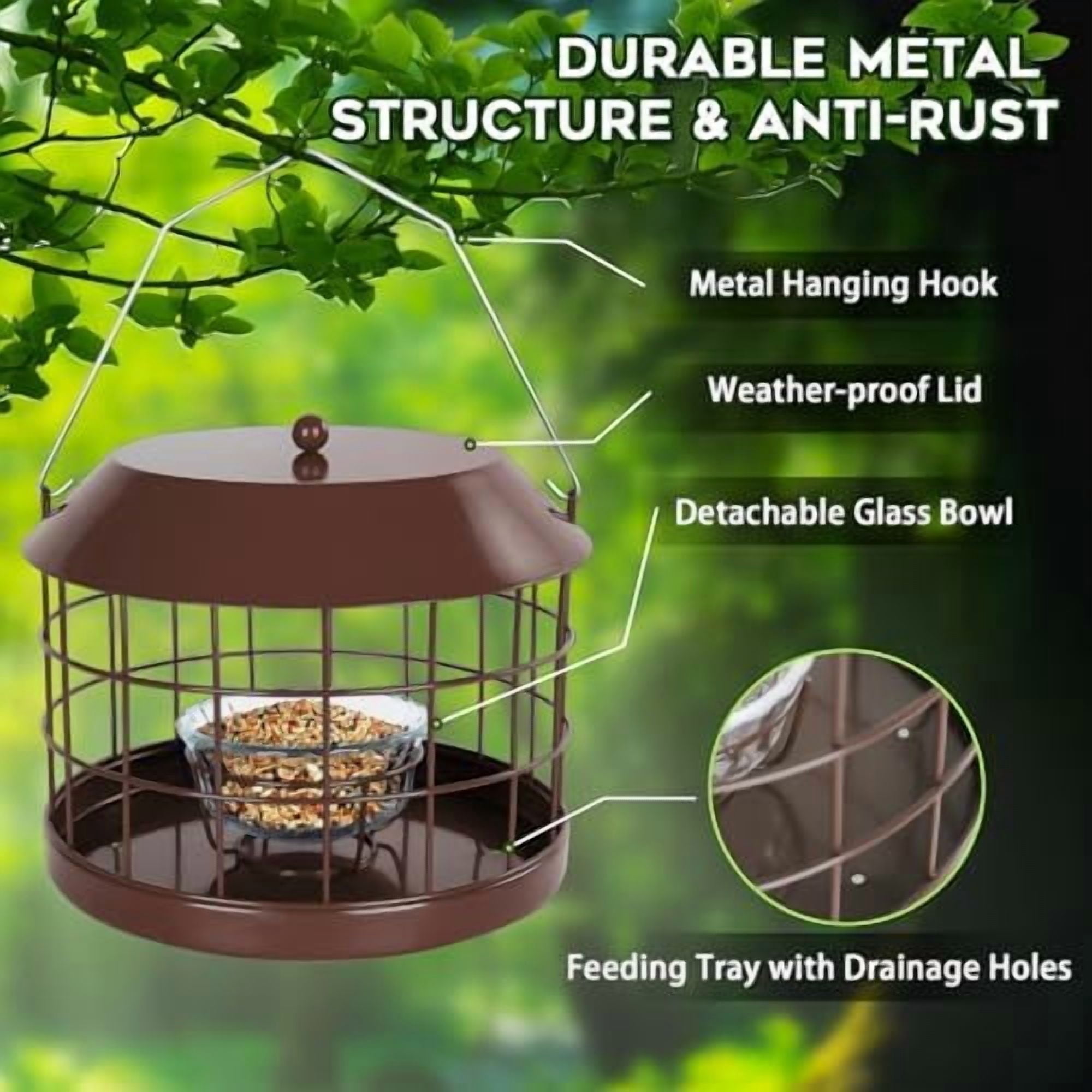 Caged Bluebird Feeder for Mealworms with Glass Bowl, Squirrel Proof Bird Feeder for Small Birds Only, Detachable Hook, Large Space, Outdoors Weatherproof, Metal, Brown