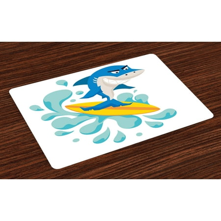 Ride The Wave Placemats Set of 4 Funny Shark Surfing in the Ocean Athletic Fish Graphic Art, Washable Fabric Place Mats for Dining Room Kitchen Table Decor,Violet Blue Turquoise Yellow, by (Best Place To Surf Fish In Southern California)