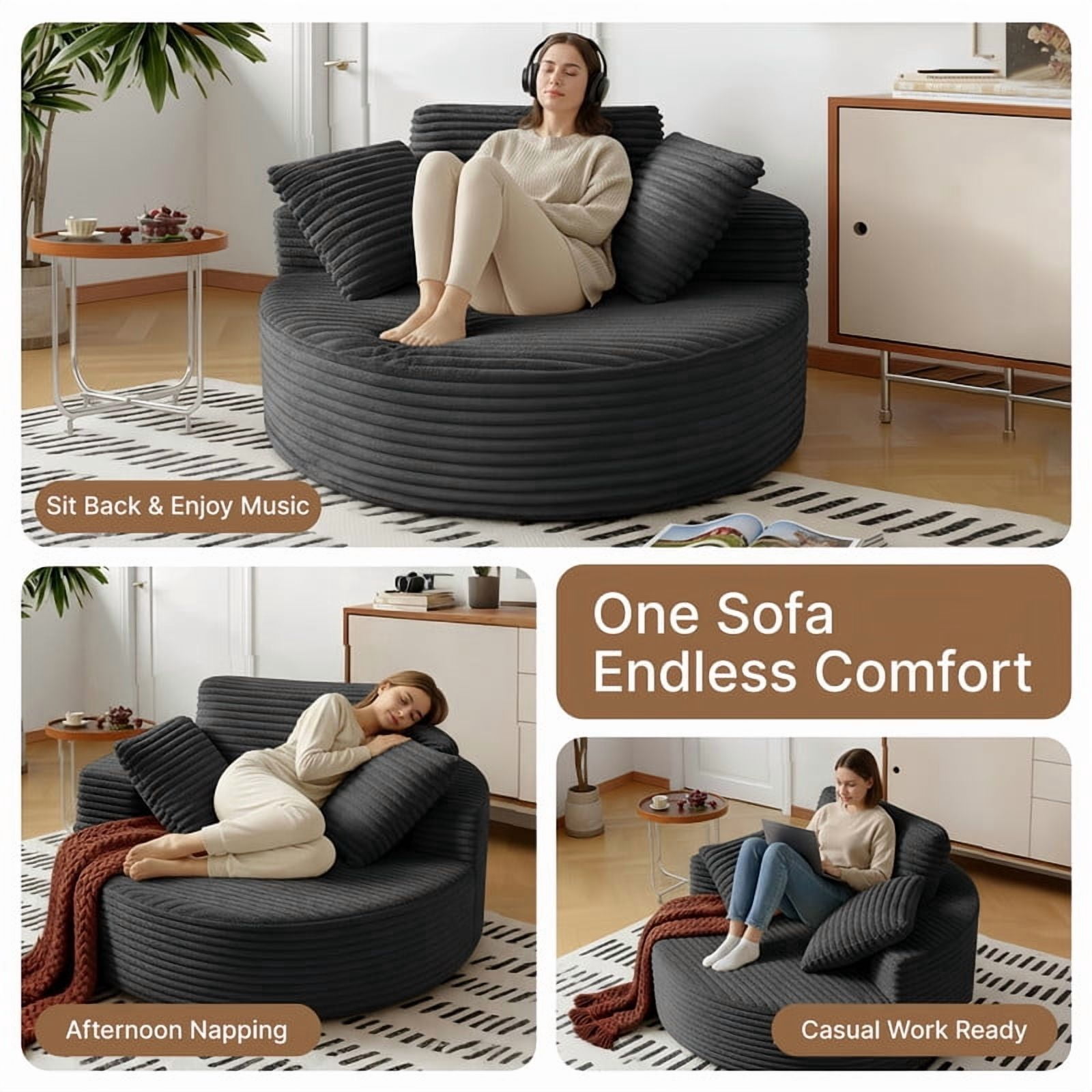 55''W Oversized Indoor Round Reading Armchair, Corduroy Upholstered Chaise Lounge, Single Lazy Sofa Chair