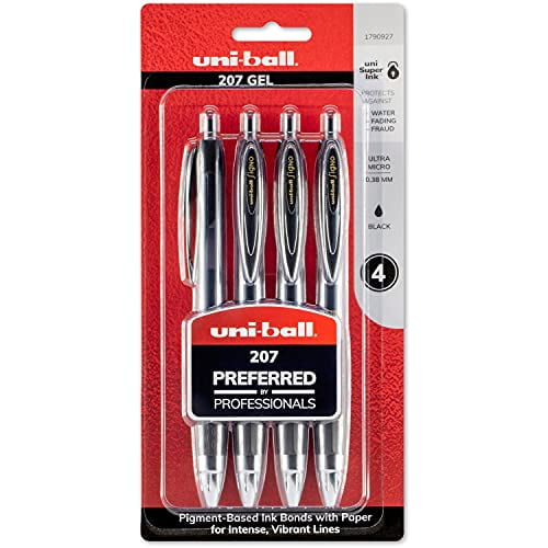 Black Retractable Gel Pens 4 Pack with Micro Points, Uni-Ball 207 Signo Click Pens are Fraud Proof and the Best Office Pens, Nursing Pens, Business Pens, School Pens, and Bible Pens