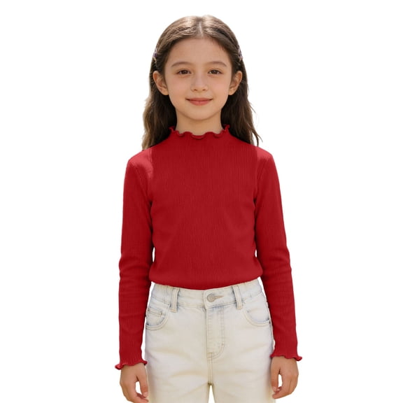 Girls Ribbed Long Sleeve Shirt Stretch Blend Tee Kids Casual Top With Classic Fit Clothes