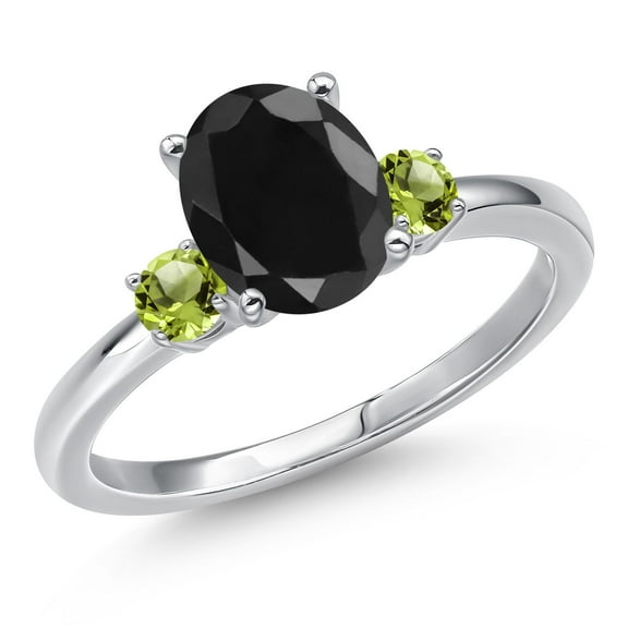Gem Stone King 14K White Gold Black Sapphire and Green Peridot Engagement Ring for Women | 2.74 Cttw | Oval 9X7MM | Gemstone September Birthstone | Size 8