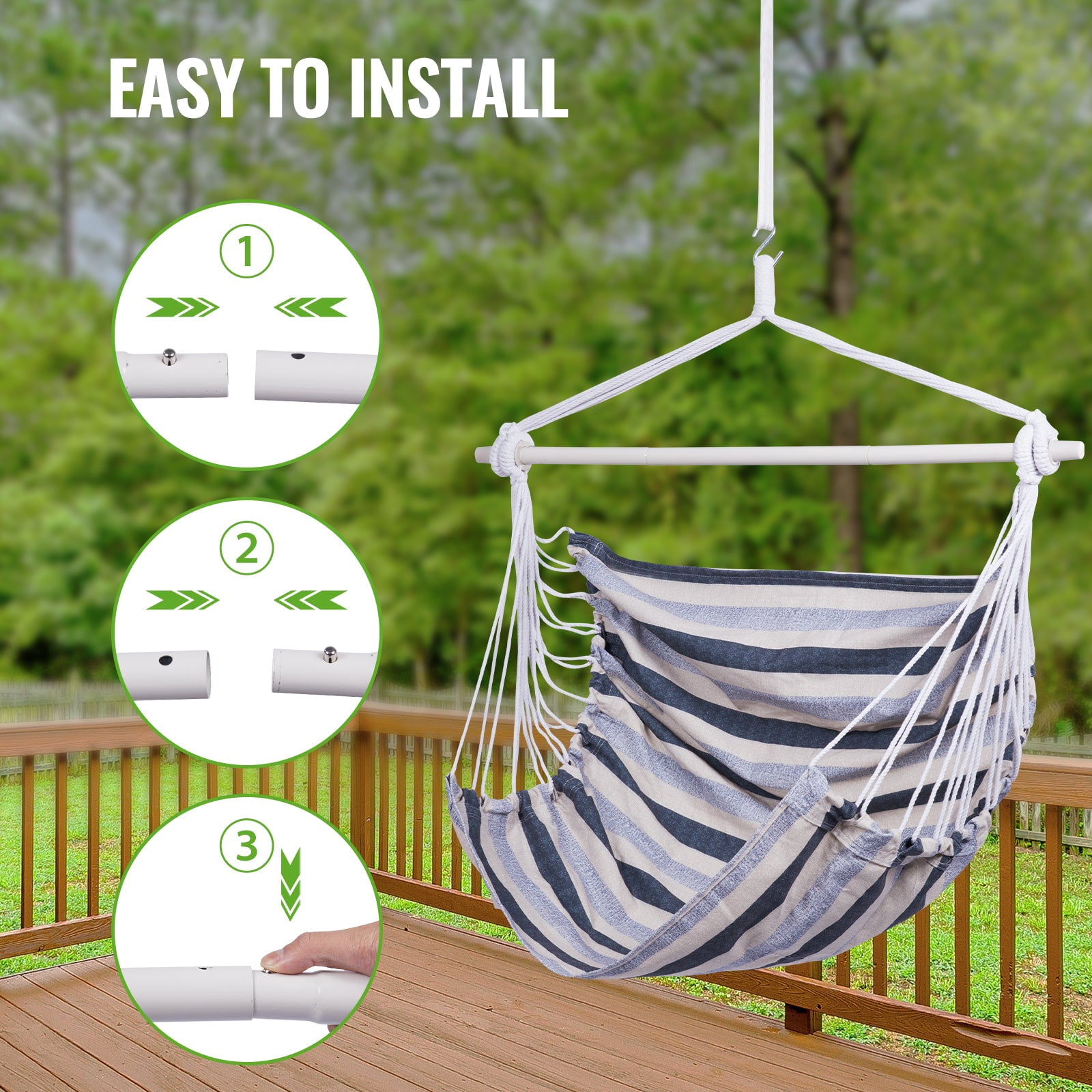 Backyard Expressions Striped Hammock Chair Hanging Rope Swing Chair, Anti Slip Steel Spreader Bar
