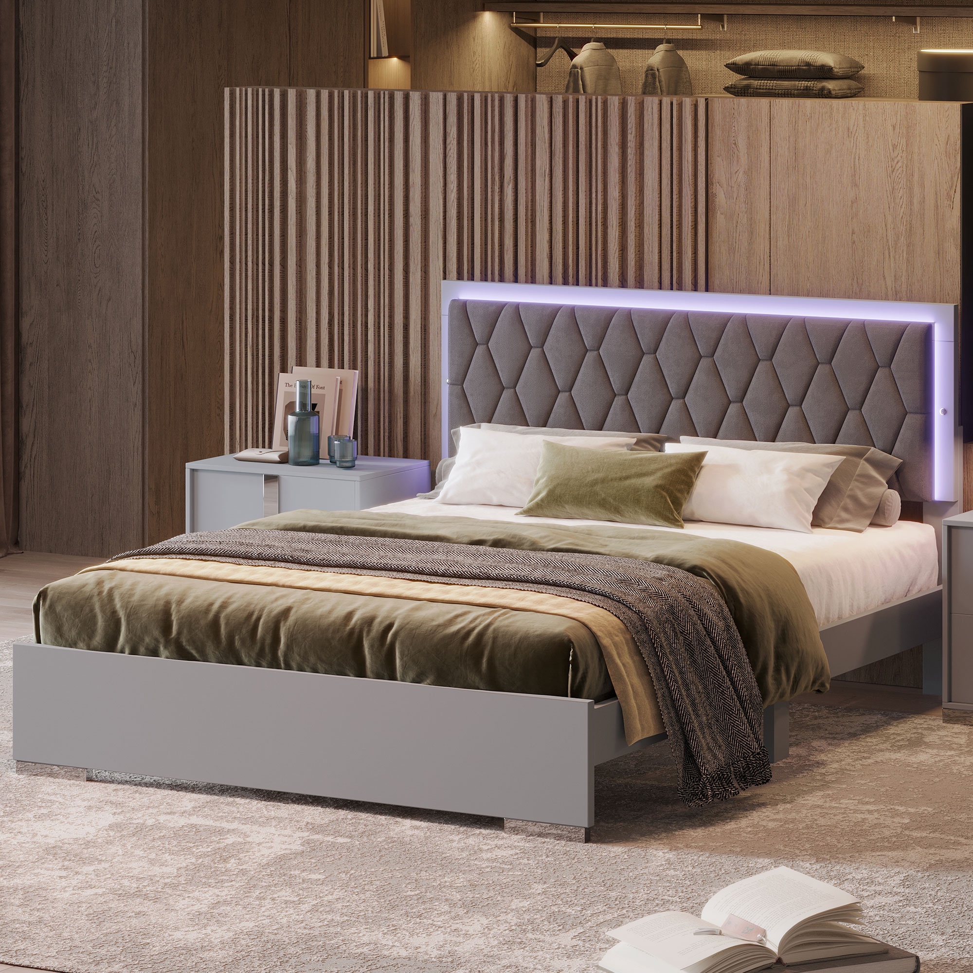 PORKISS Queen Size Bed Frame, Modern Upholstered Bed with LED Light, Wood Platform Bed with with Velvet Headboard, Grey