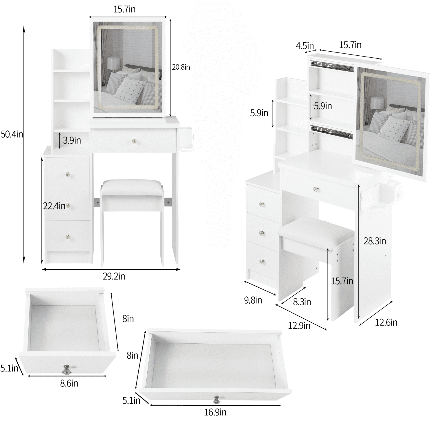 Space-Saving 29.2" Vanity Table with 2 AC+2 USB Ports, Triple Color LED Mirror, and Cushioned Stool – Ideal for Small Spaces & Morning Routines, White
