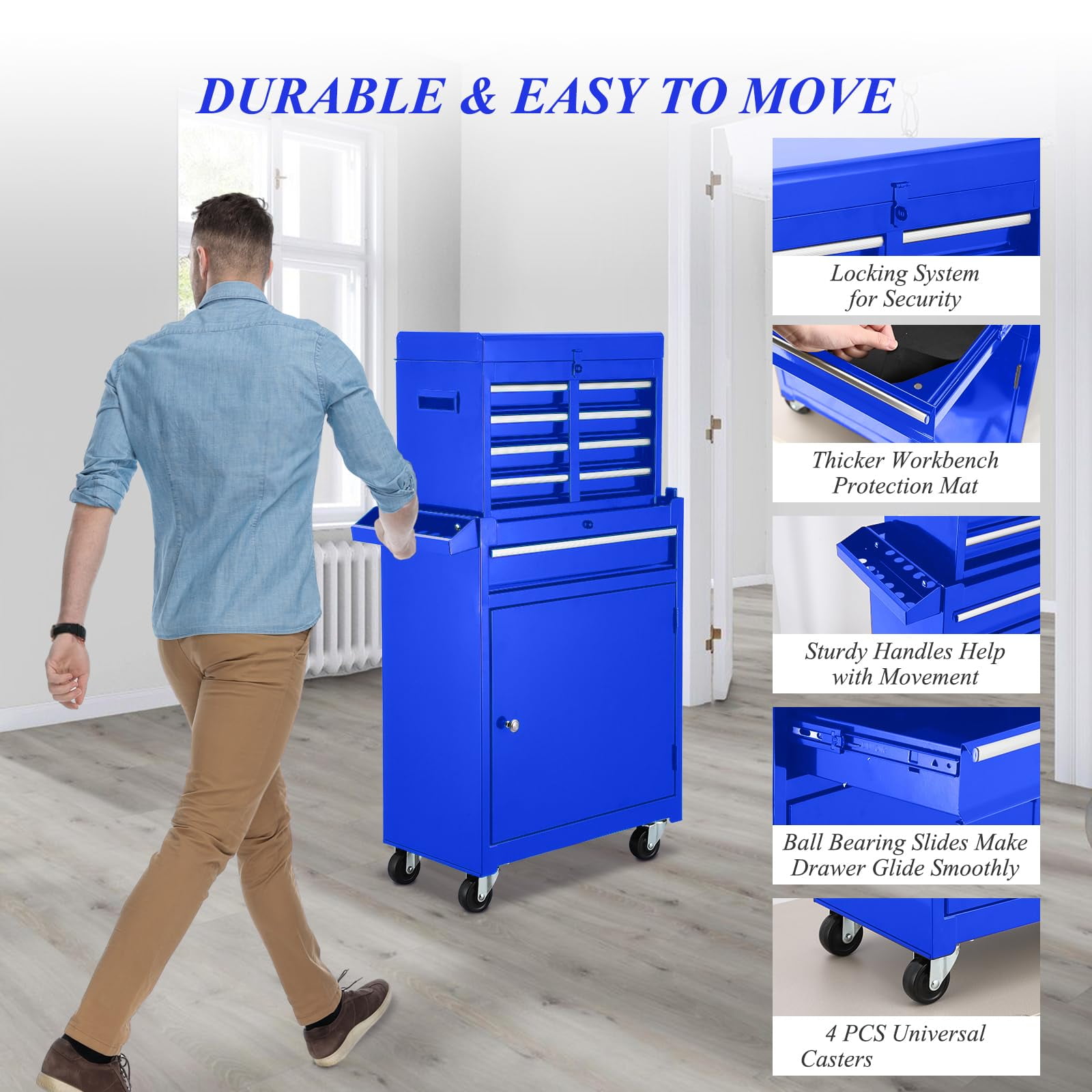 POVANLI  Detachable 5-Drawer Rolling Tool Chest with Bottom Cabinet and One Adjustable Shelf/Locking System for Garage Workshop Warehouse Repair Shop