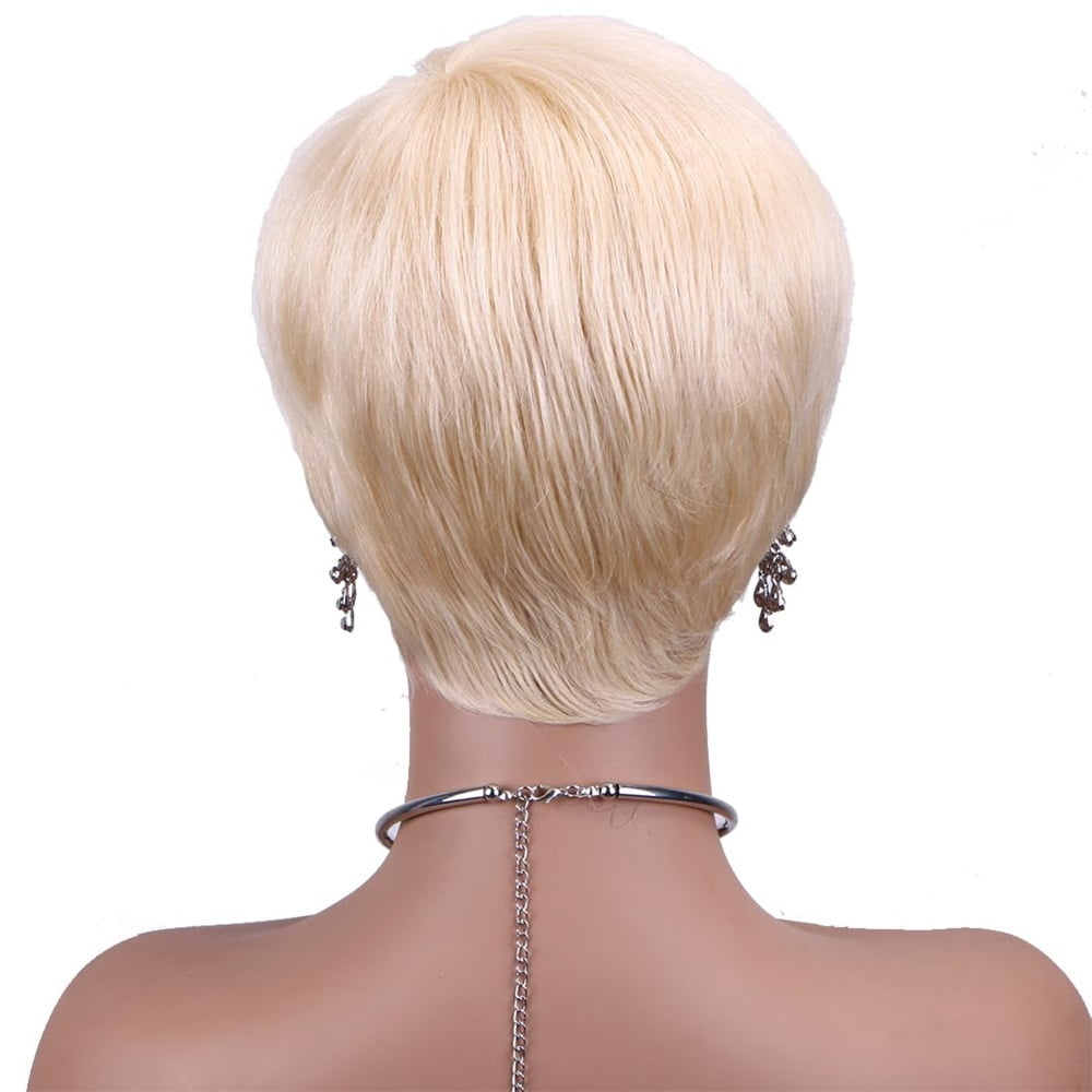 Short Wig Layered Blonde Cut Human Hair Wig 613# Straight Hair Pixie Wigs with Bangs