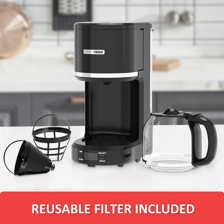 KitchenTrend 12 Cup Programmable Coffee Maker with Reusable Filter Removable Water Reservoir Non Drip Carafe Swing Open Brew Basket Timer Keep