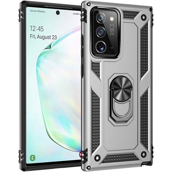 Grade Drop Impact for Samsung Galaxy Note 20 Ultra Case Galaxy Note 20 Ultra 5G Case Metal Rotating Ring Kickstand Holder Heavy Duty Case Galaxy Note 20 Ultra 5G Phone Case Sliver