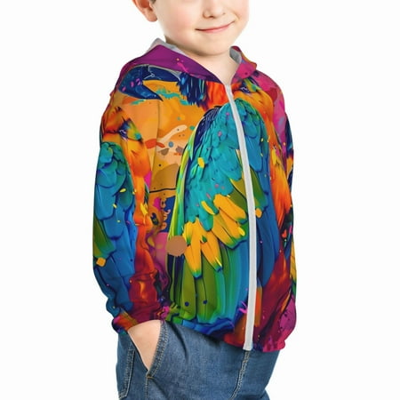 

Uemuo Vibrant Parrot Splash Art Pattern Rash Guard for Boys Girls Long Sleeve Swim Shirts UPF 50+ UV Sun Protection Hooded Fishing Shirt with Pocket for Kid-4 Years