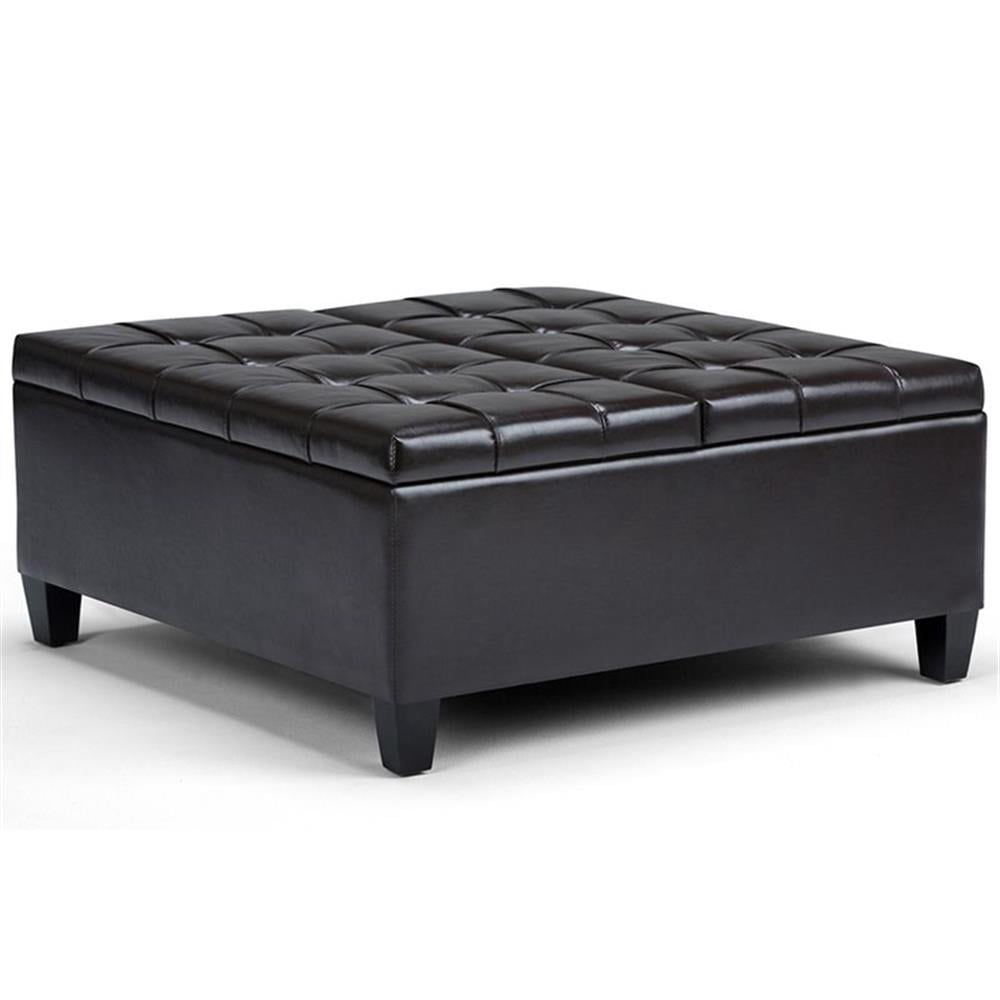 Harrison 36 inch Wide Transitional Coffee Table Storage Ottoman in Tanners Brown Vegan Leather
