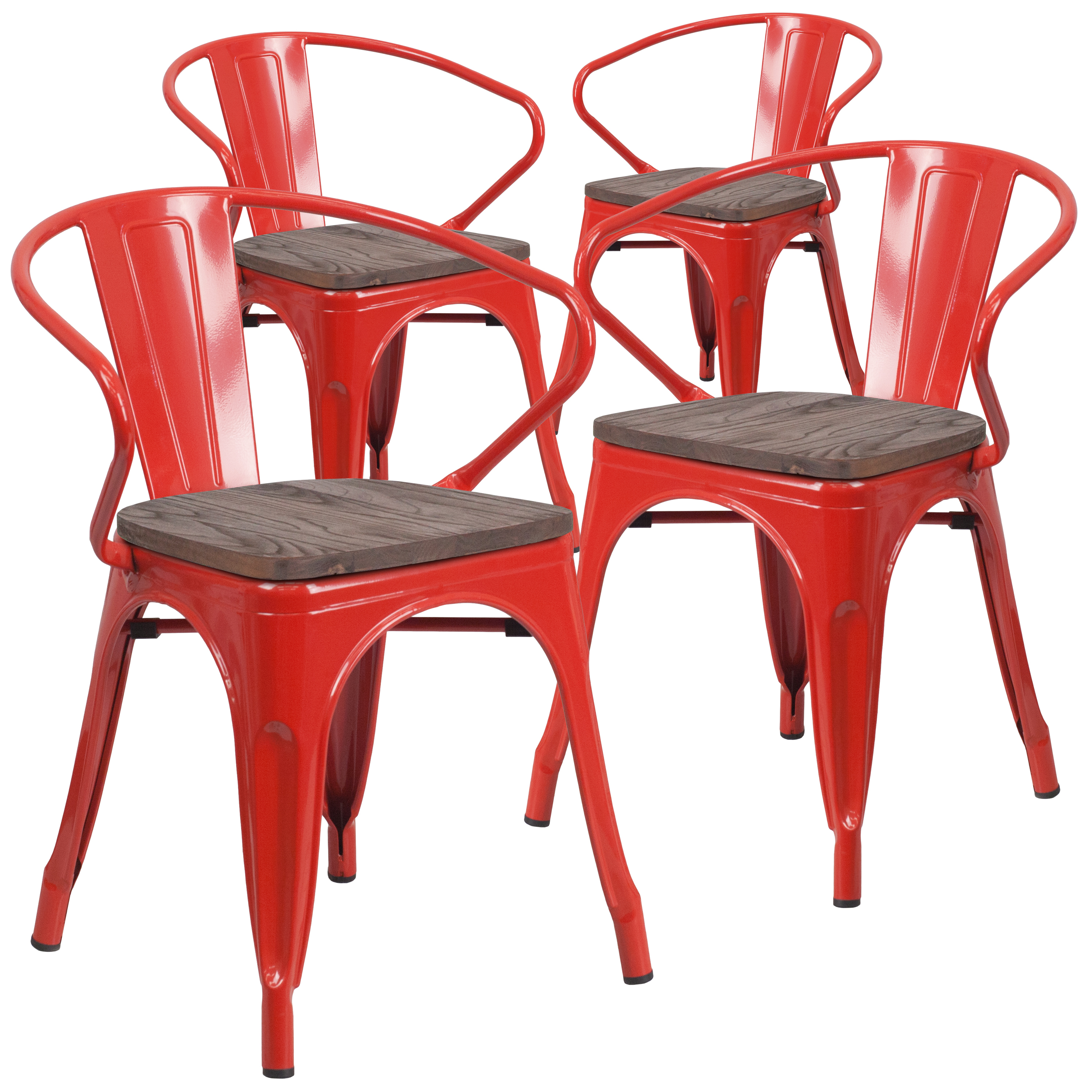 Flash Furniture 4 Pk. Red Metal Chair with Wood Seat and Arms