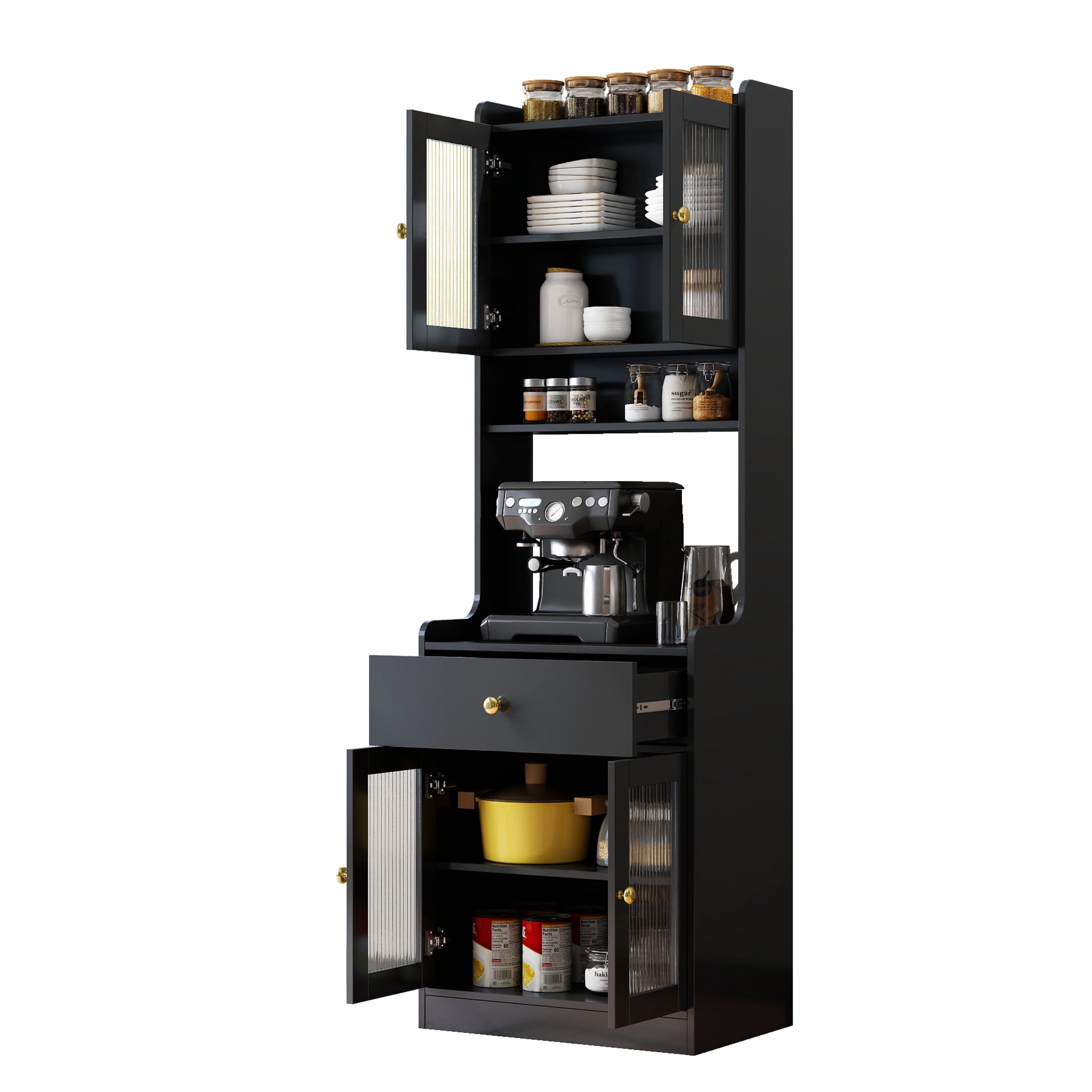 Noble House 70.87" Kitchen Pantry Hutch, Farmhouse Buffet Coffee Bar with Microwave Stand, Cabinets & Drawer, Black