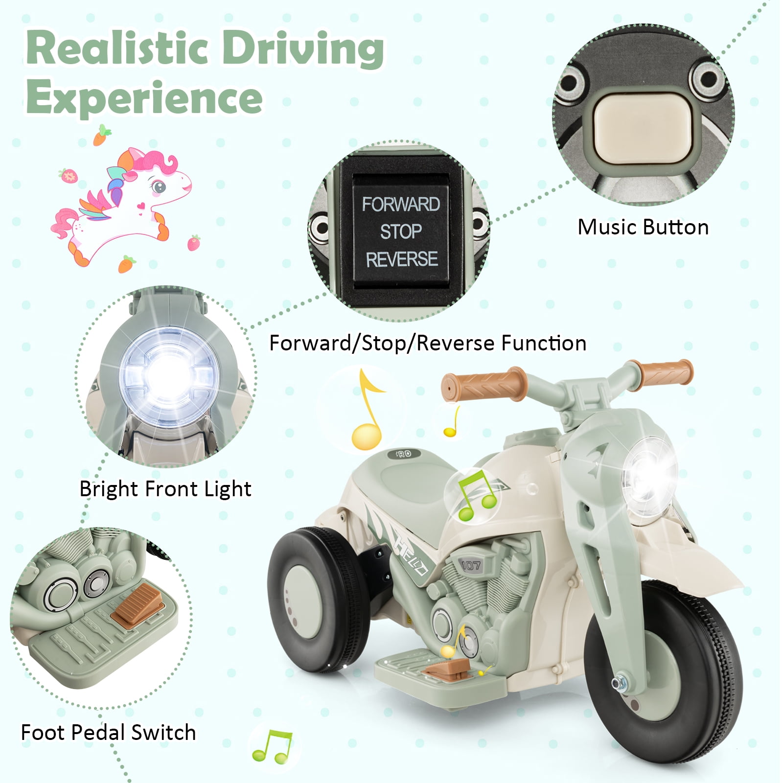 Costway 6V Kids Bubble Car Electric Ride on Motorcycle with Music Button & LED Headlight Beige