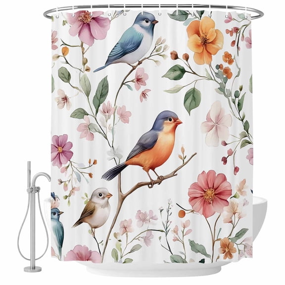 Orange Blue Birds Shower Curtain Set - 72" x 78" Washable Bathtub Curtain with 12 Hooks, Country Tree Branch Flowers Waterproof Fabric Stall Shower Curtains for Bathroom/Bathtub Décor