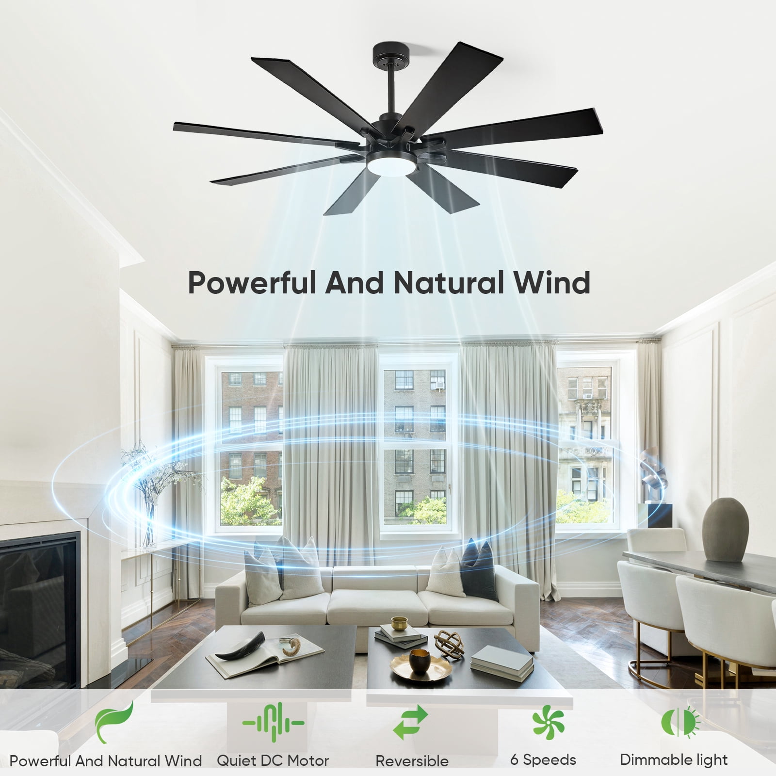 62 inch Black Ceiling Fan with Light, Remote Control, 8 Reversible Blades, High CFM Quiet DC Motor, 5-Cct Dimmable, for Indoor/Outdoor Bedroom
