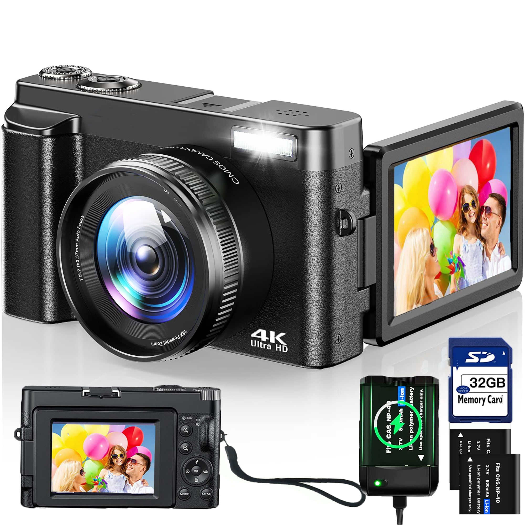 ACTITOP Digital Camera 4K 48MP Autofocus Vlogging Camera for Youtube with 180° Flip Screen, 32GB SD Card, 16X Zoom, Beginner Video Camera for Travel,TikTok