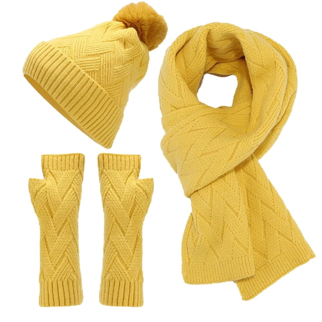 MIASHUI Unisex Autumn Winter Outdoor Cold Protection Warm Hat, Gloves, and Scarf Three-Piece Set, Solid Color Knit Scarf Set Yellow