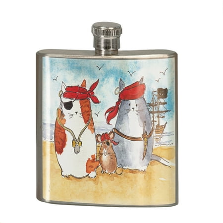 KuzmarK 6 oz. Stainless Steel Pocket Hip Liquor Flask - Pirate Cats and Rat Art by Denise Every