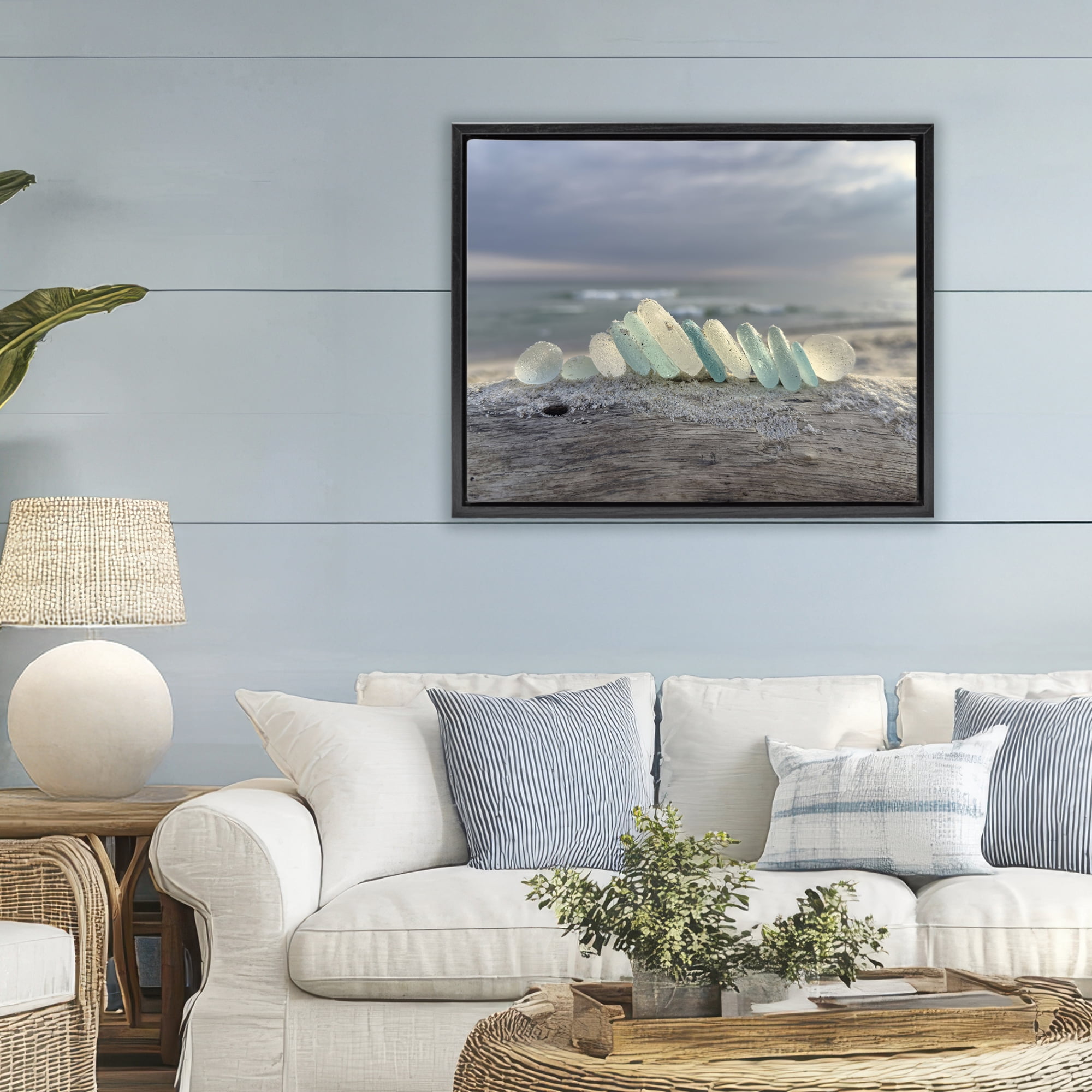 Stupell Industries Sea Glass On Driftwood Black Framed Floater Canvas Wall Art, design by LMarie Allen