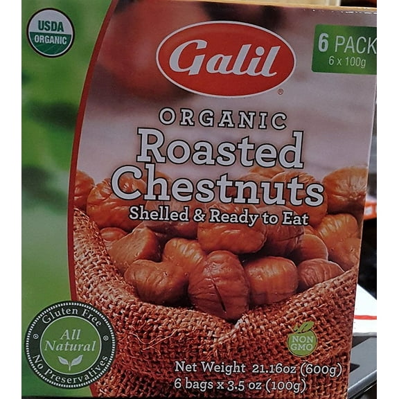 Galil XvSVCt 100 Percent Organic Whole Roasted Chestnuts, Shelled, Ready to eat, 6 packs inside, 21.16 oz 6 Pack