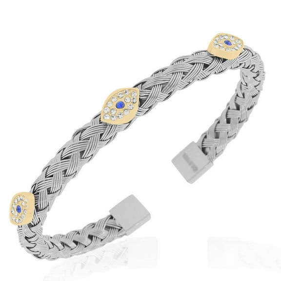 Stainless Steel Braided Open End Evil Eye Protection Bracelet, 7.5"