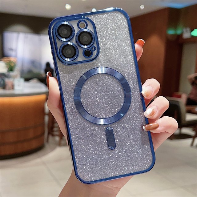 Compatible With iPhone 14 Pro Max Protective Case, Electroplated Magnetic Case, Cute Ultra-Thin Soft Silicone Phone Case, Shiny Gradient Color Girl Phone Case,Dark blue
