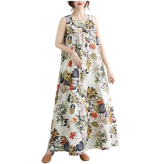 SPZTSX Womens Plus Size Sleeveless Crew Neck Floral Print Maxi Dress Summer Bohemian Beach Vacation Sundress