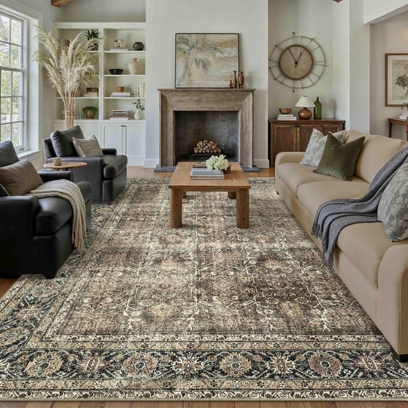 Alfombra Area PureCozy, vintage, marrón, lavable, 270 x 360 cm
